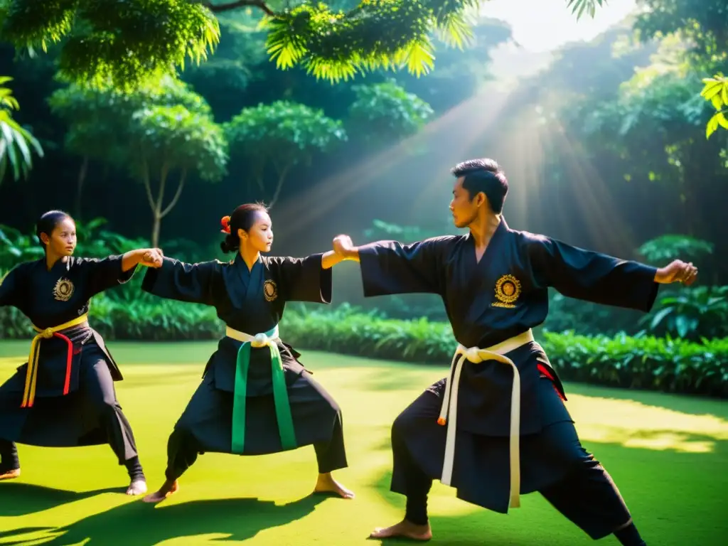 Un grupo de hábiles practicantes de Silat realizando una demostración de artes marciales tradicionales en un claro de un exuberante bosque tropical