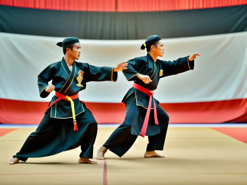 Grupo en competición de Silat, despliegan habilidades con trajes tradicionales, destacando la intensidad y precisión del arte marcial