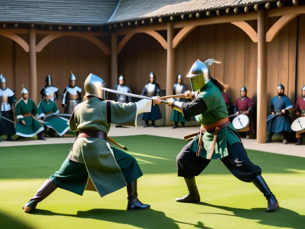 Grupo de recreación histórica practicando esgrima con espadas de entrenamiento en un patio medieval, con espectadores observando