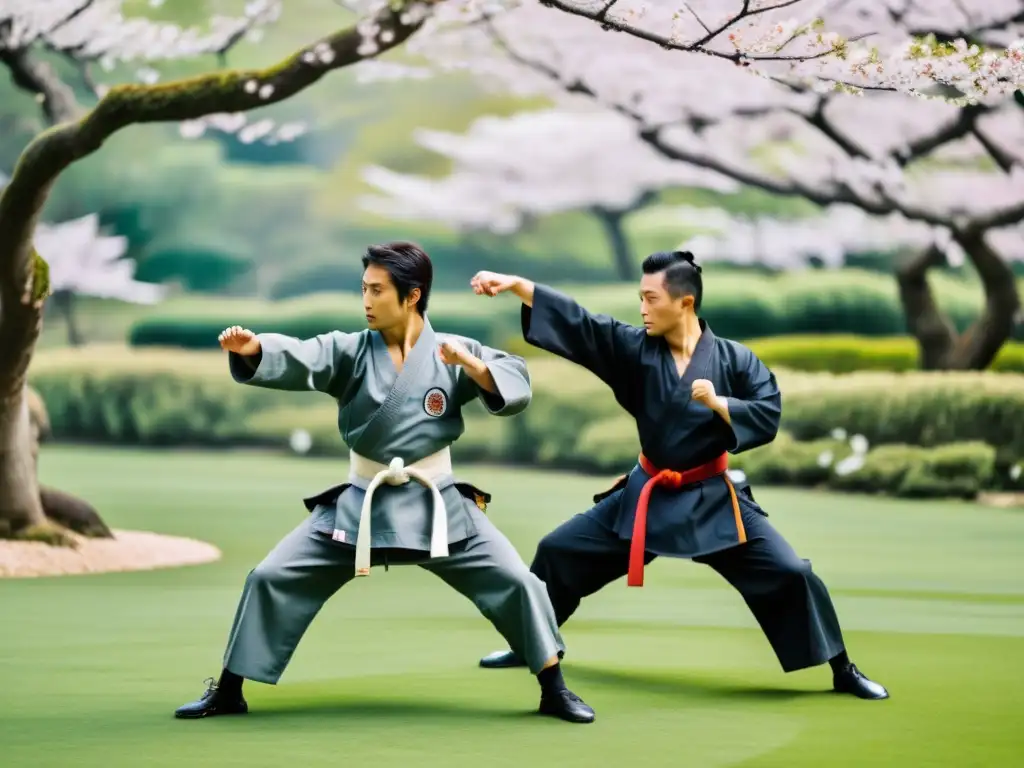 Grupo de hombres de negocios japoneses practicando artes marciales en un jardín tranquilo, con árboles de cerezo en plena floración