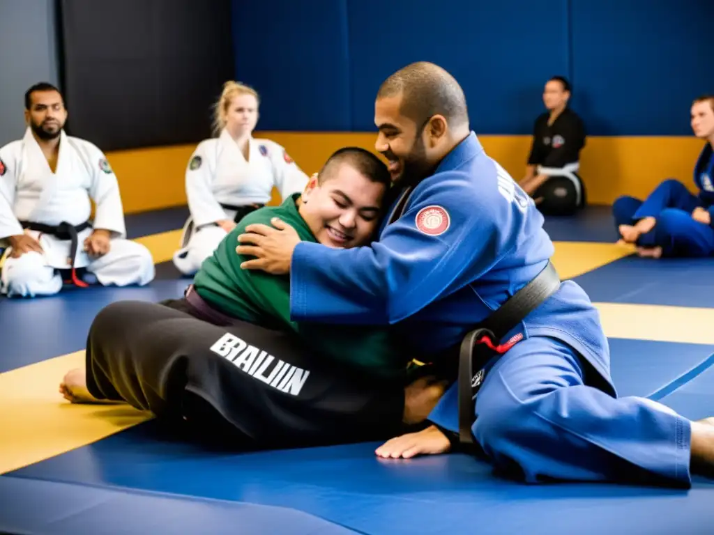 Grupo inclusivo practicando JiuJitsu Brasileño con adaptación para discapacidad