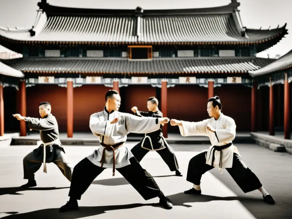 Grupo de inmigrantes chinos practicando Kung Fu en América, en un patio soleado, capturando la historia del Kung Fu en América