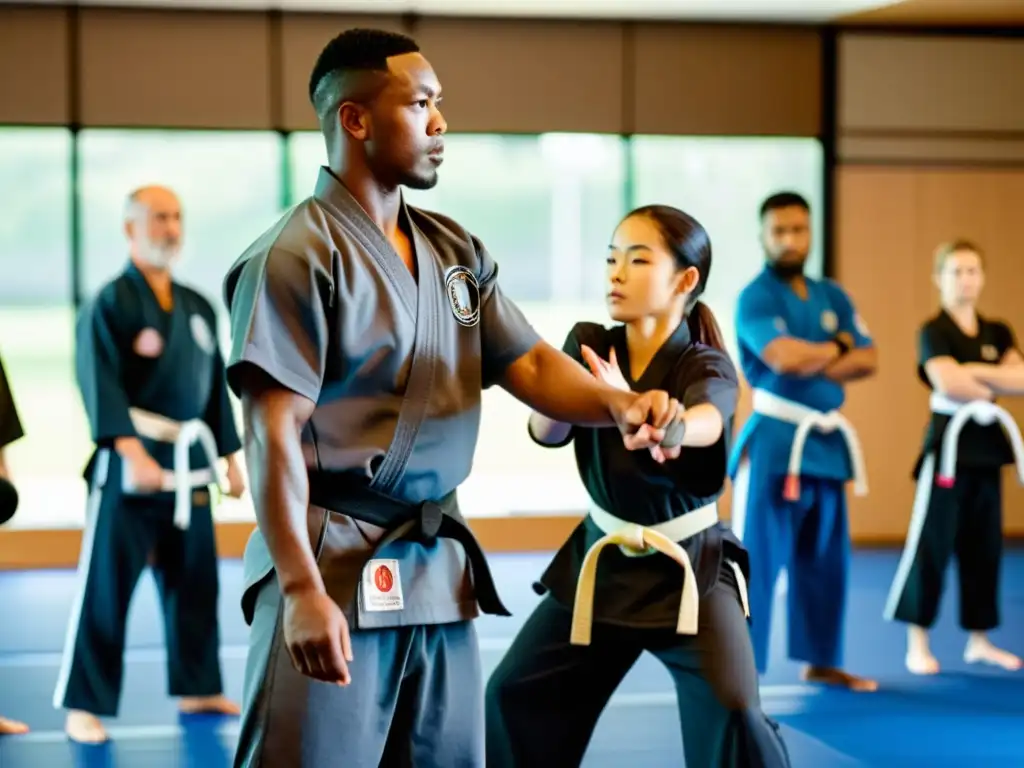 Grupo de instructores de artes marciales enseñando técnicas a estudiantes de todas las edades en un dojo amplio y luminoso