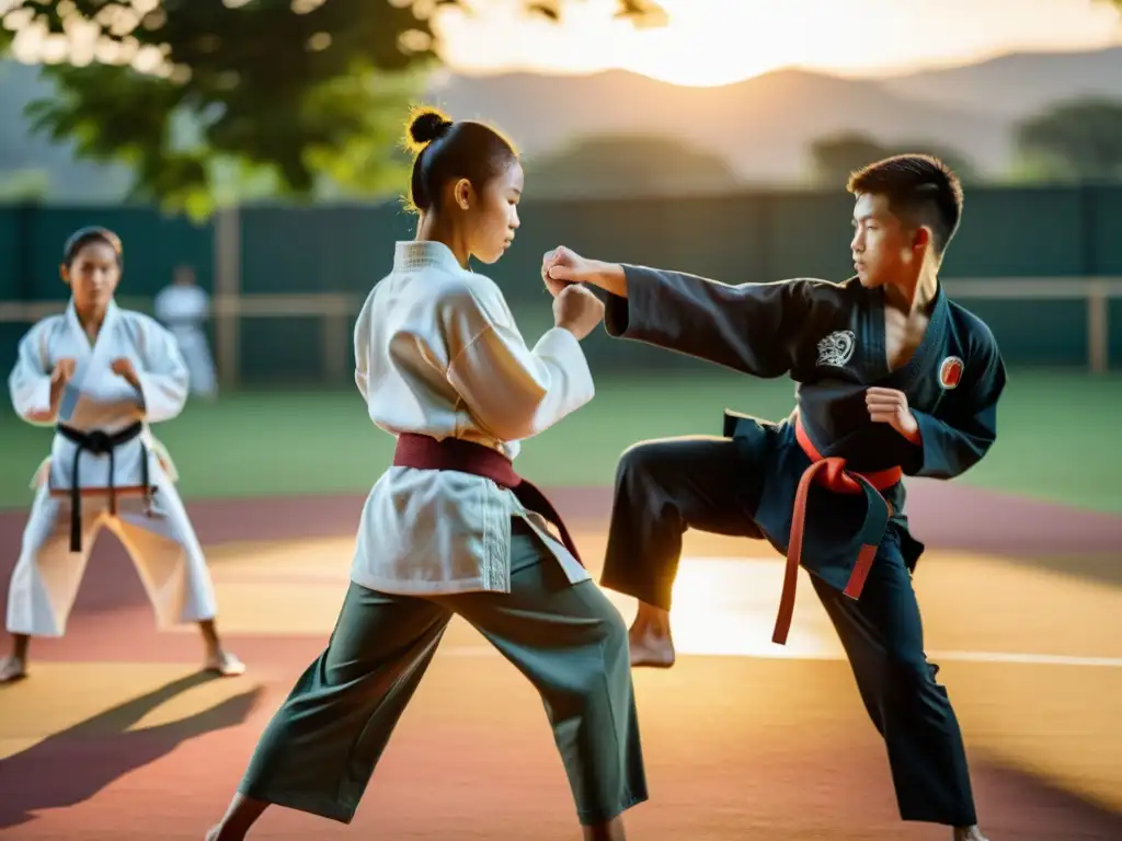 Un grupo internacional de jóvenes entusiastas de artes marciales se reúne para entrenar al aire libre al atardecer