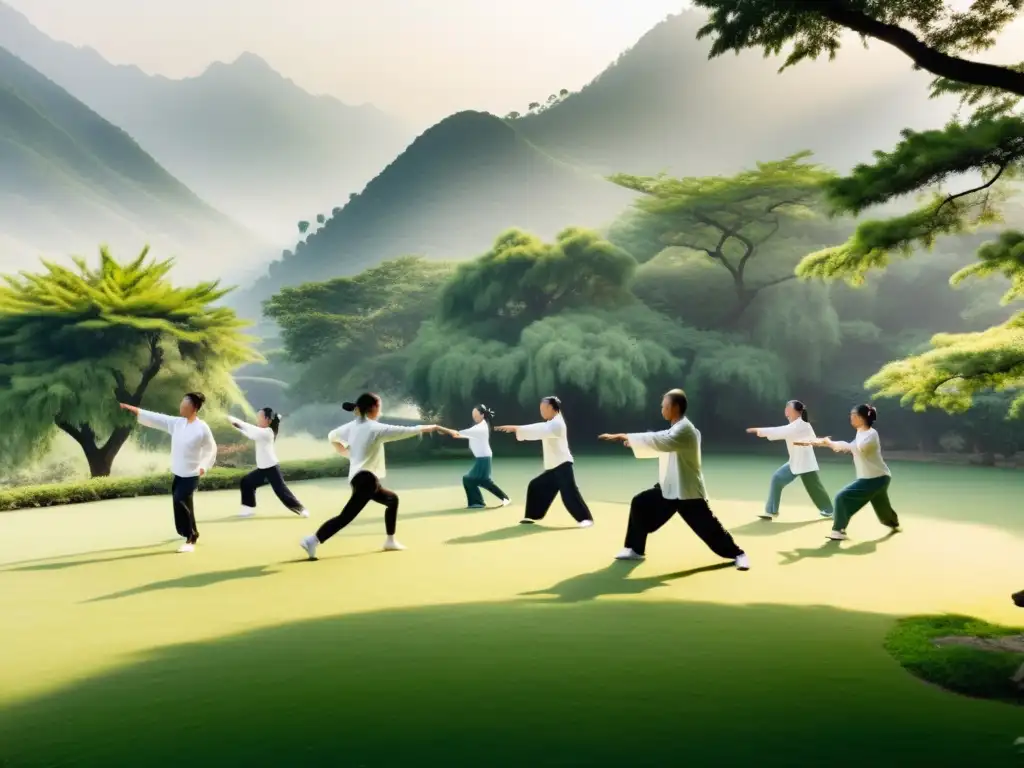 Grupo practicando Tai Chi en un jardín sereno en China, con instructor