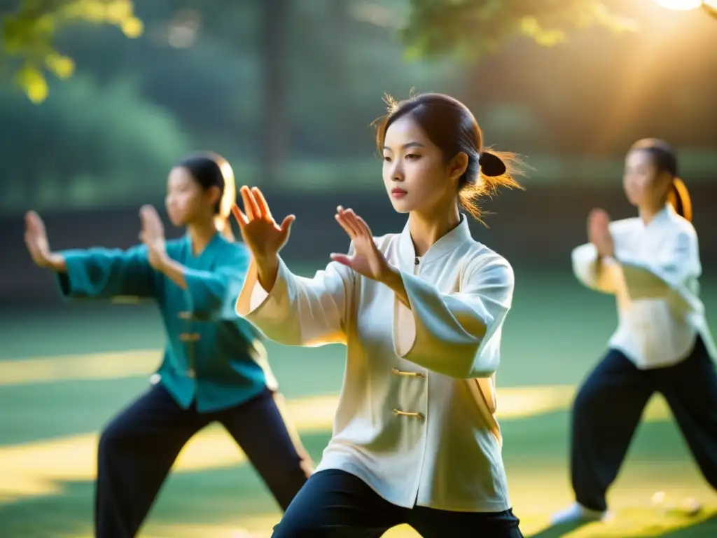 Un grupo de jóvenes practicando Tai Chi al aire libre, concentrados y serenos bajo la guía de su instructor