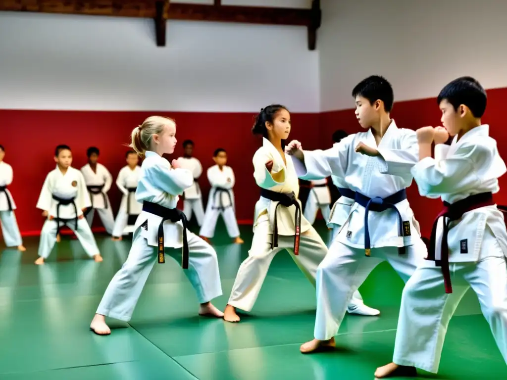 Grupo de jóvenes practicando artes marciales, mostrando precisión, disciplina y prevención de lesiones en un dojo iluminado