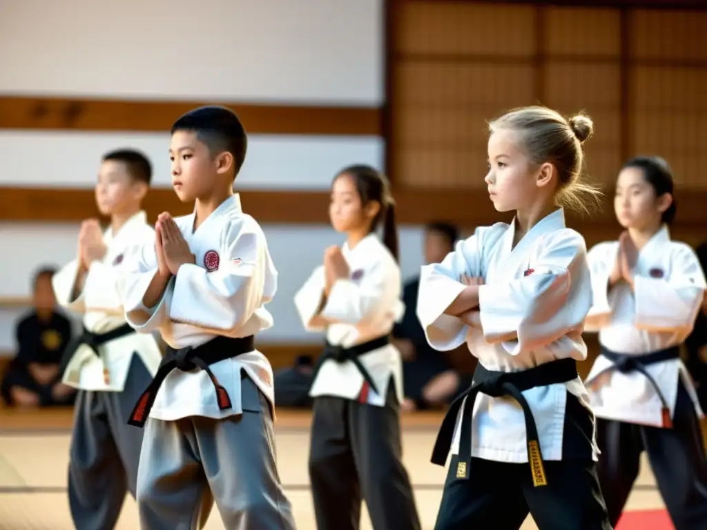 Grupo de jóvenes practicando artes marciales en un dojo tradicional con su sensei