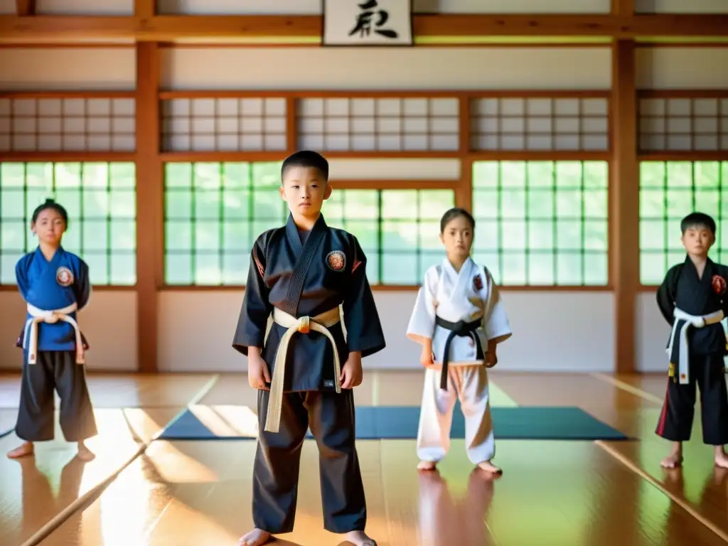 Un grupo de jóvenes artistas marciales practican con seriedad en un dojo, bajo la guía de su instructor