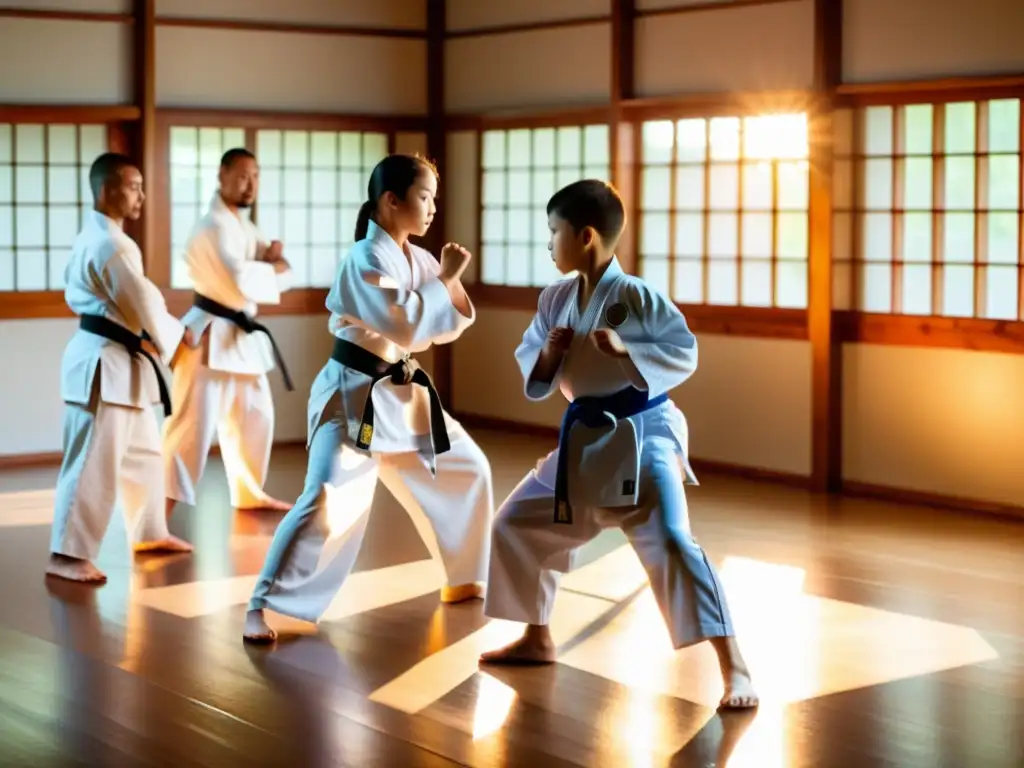 Grupo de jóvenes artistas marciales realizan movimientos precisos en un dojo tradicional, impartiendo disciplina y respeto