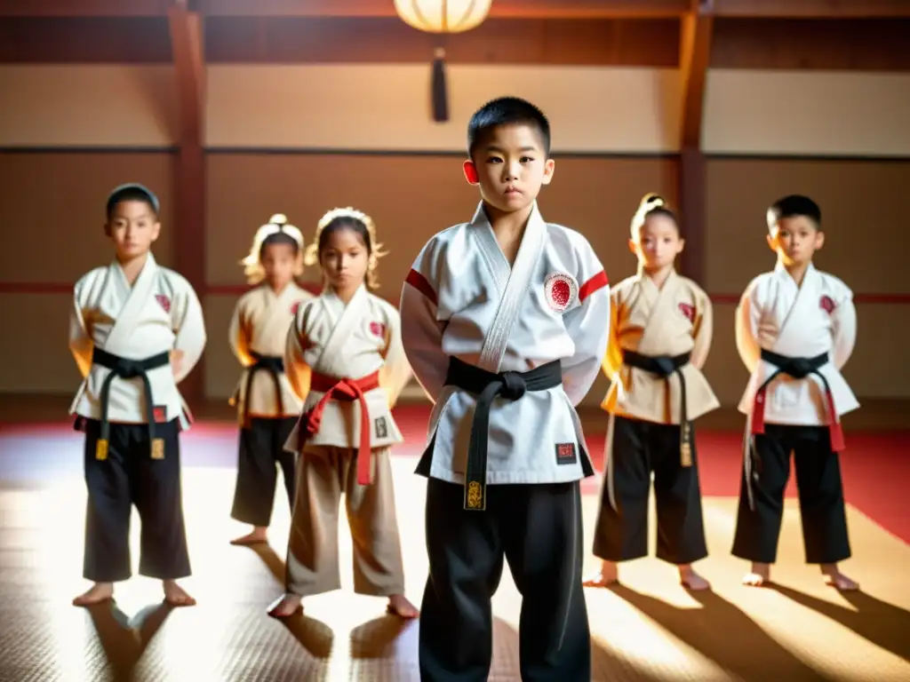 Un grupo de jóvenes artistas marciales en uniformes oficiales, mostrando determinación y respeto en un tradicional dojo