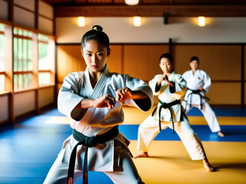 Grupo de jóvenes artistas marciales practican técnicas en un dojo iluminado, con un sensei que irradia calma y autoridad