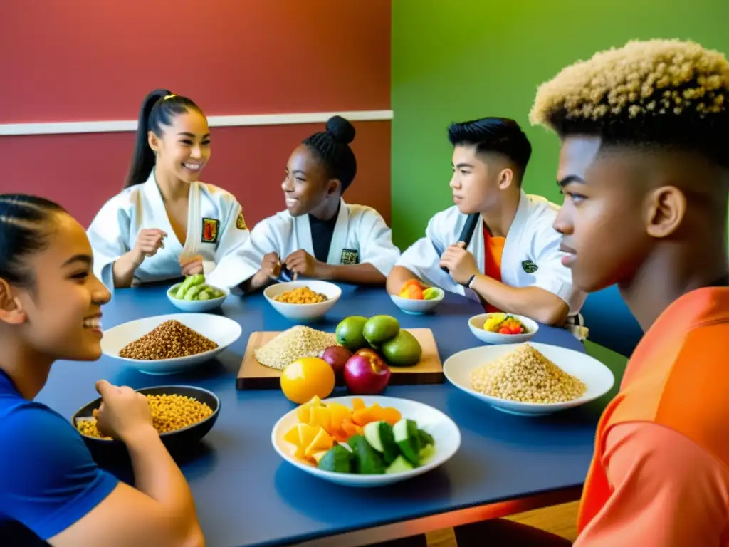 Un grupo de jóvenes artistas marciales disfrutan de una comida balanceada y colorida juntos, mostrando camaradería