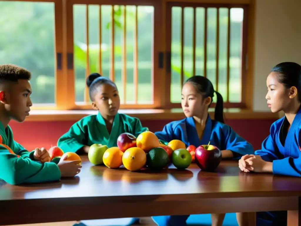 Grupo de jóvenes artistas marciales discutiendo nutrición en torno a una mesa llena de alimentos saludables