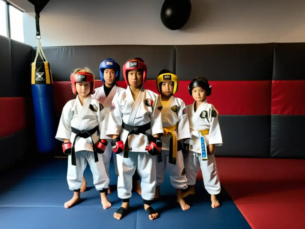 Un grupo de jóvenes artistas marciales, listos para el combate en su dojo con equipo de seguridad para artes marciales infantiles