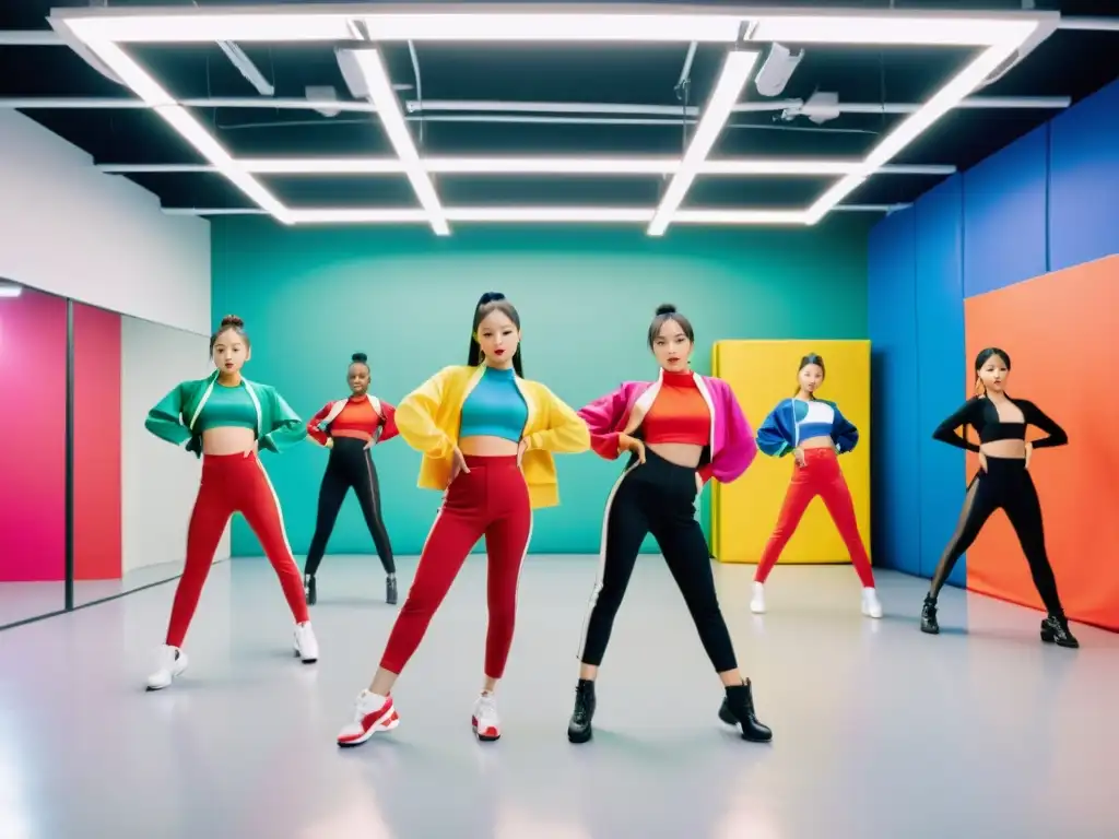 Un grupo de jóvenes artistas en trajes coloridos de inspiración Kpop practican movimientos de baile sincronizados en un estudio de danza moderno