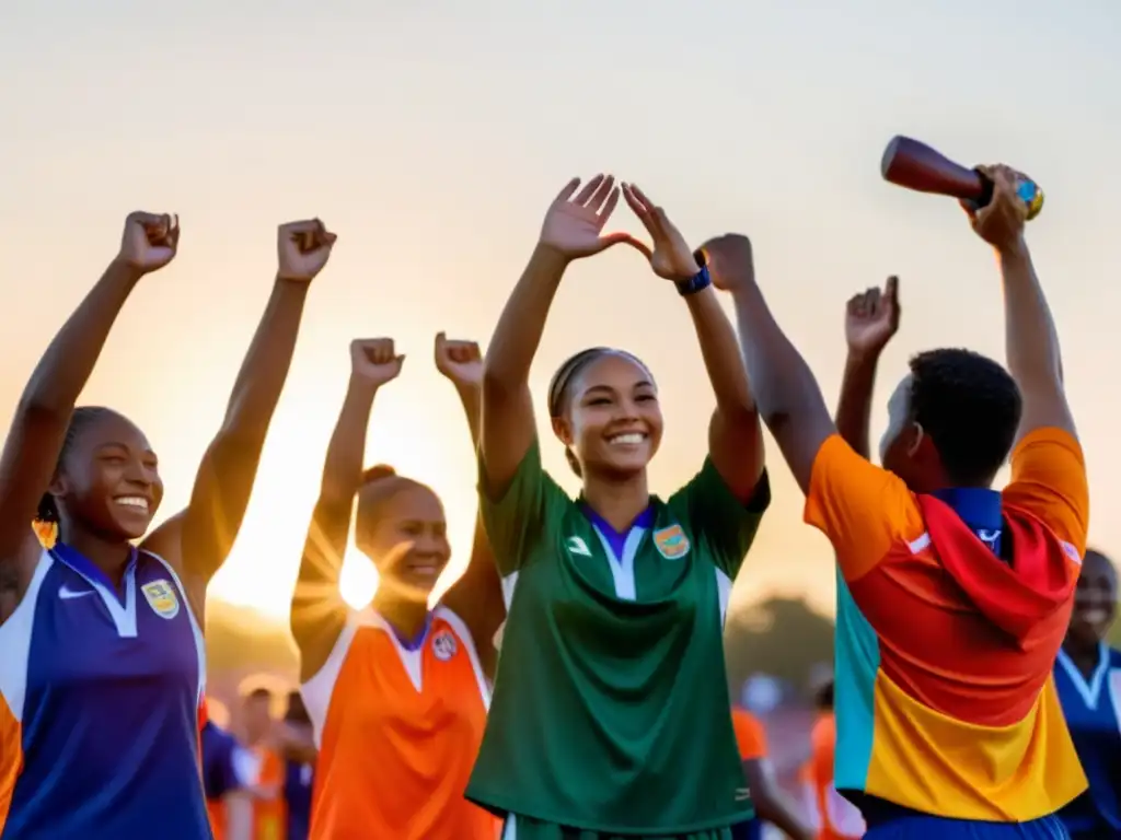 Grupo de jóvenes atletas diversos en círculo, unidos en espíritu deportivo y competencia saludable, bajo la cálida luz del atardecer