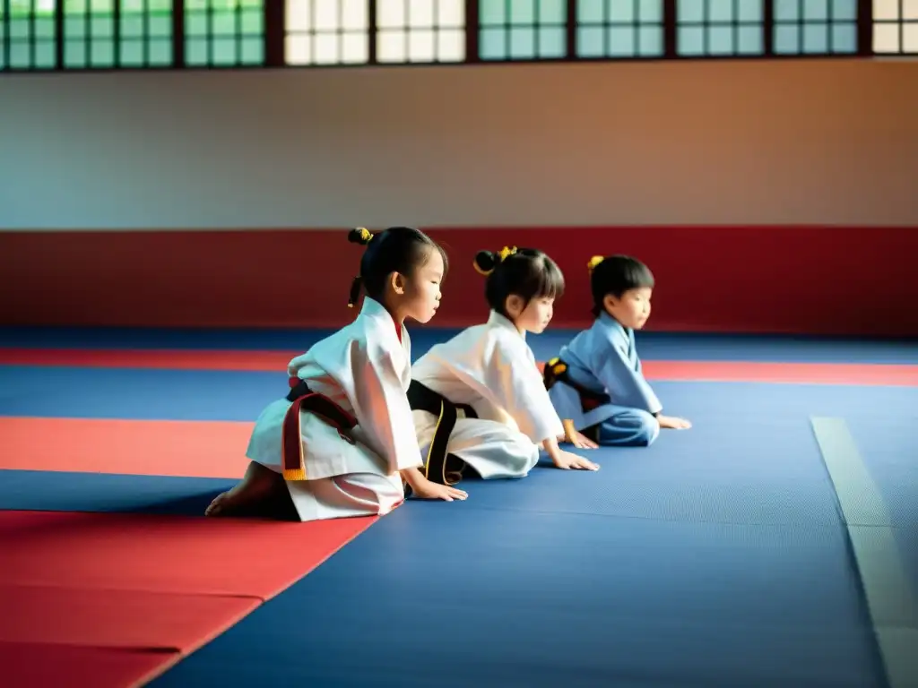 Un grupo de jóvenes competidores de artes marciales, en uniformes tradicionales, mostrando respeto antes de entrar a la arena de competencia