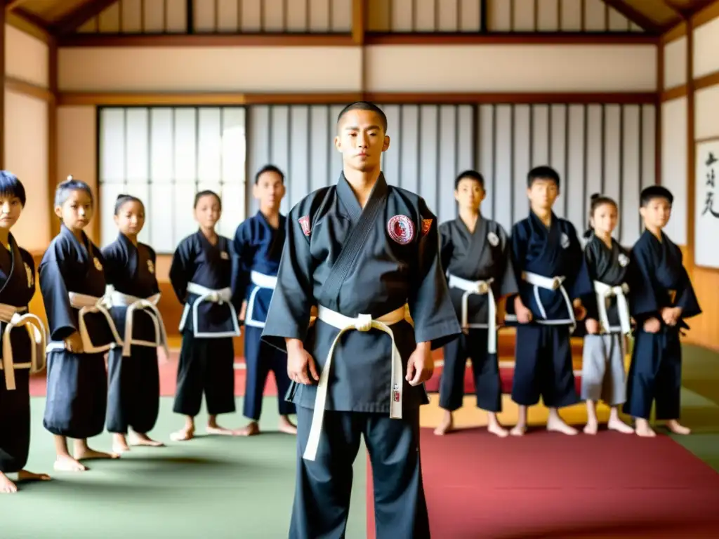 Un grupo de jóvenes estudiantes en un dojo, mostrando respeto y disciplina, preparándose para su entrenamiento de artes marciales