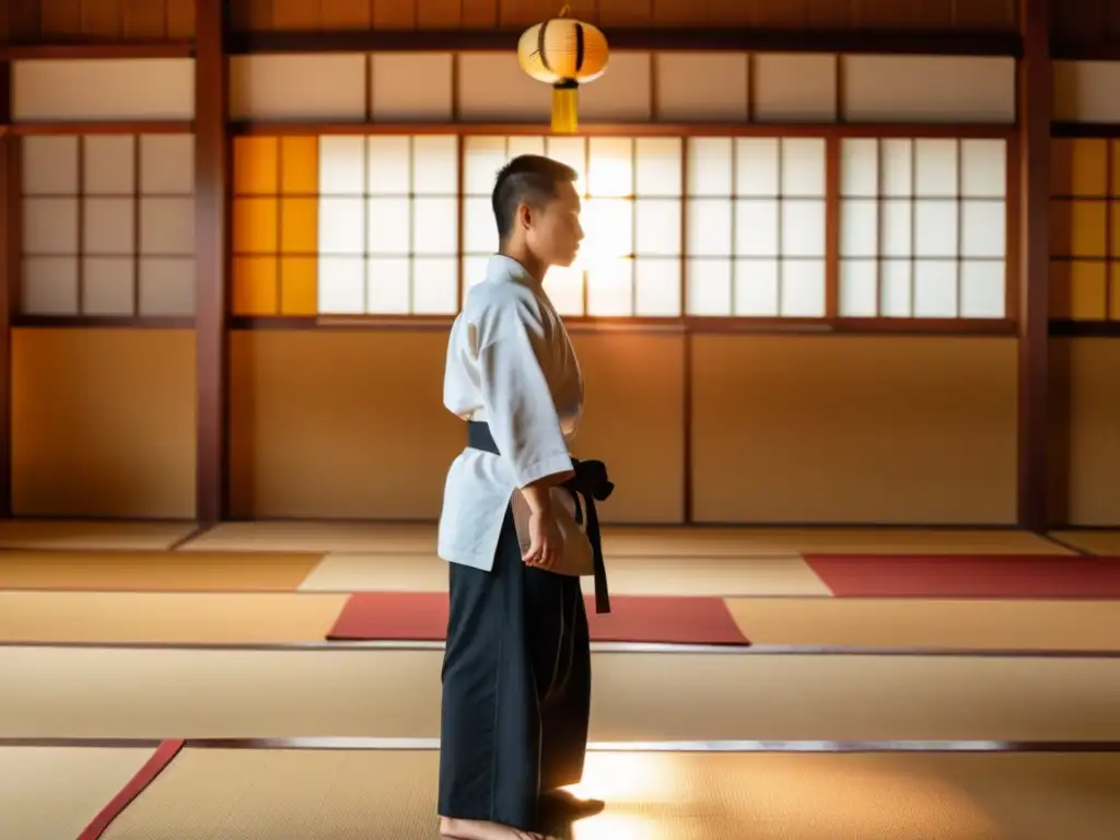 Un grupo de jóvenes practicantes de artes marciales en un dojo tradicional en Japón, con una atmósfera de disciplina y respeto