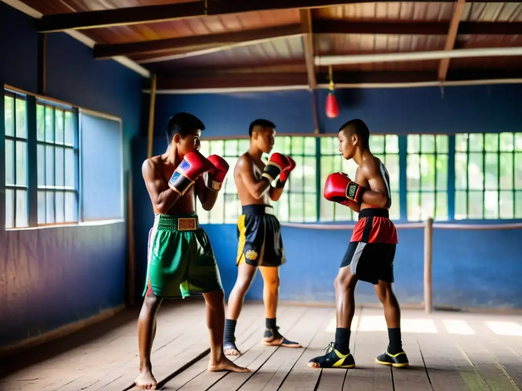 Un grupo de jóvenes practicantes de Muay Thai se entrenan con determinación en un gimnasio tradicional tailandés, iluminados por la luz de la mañana