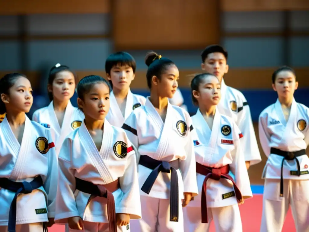 Grupo de jóvenes practicantes de taekwondo en un gimnasio soleado, listos para el torneo, mostrando determinación y emoción