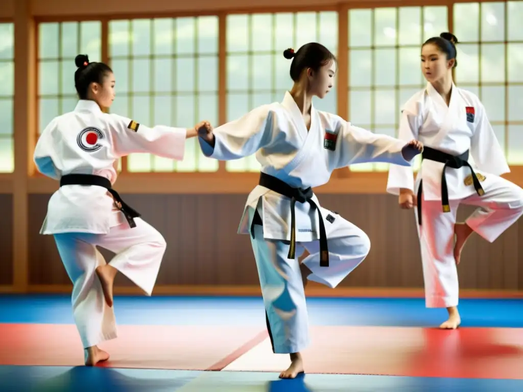 Grupo de jóvenes practicantes de taekwondo en doboks blancos, mostrando determinación y disciplina en una secuencia de patadas sincronizadas