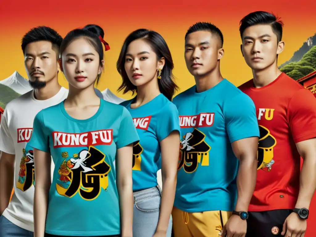 Un grupo de jóvenes lleva puestas camisetas temáticas de kung fu, fusionando tradición y moda