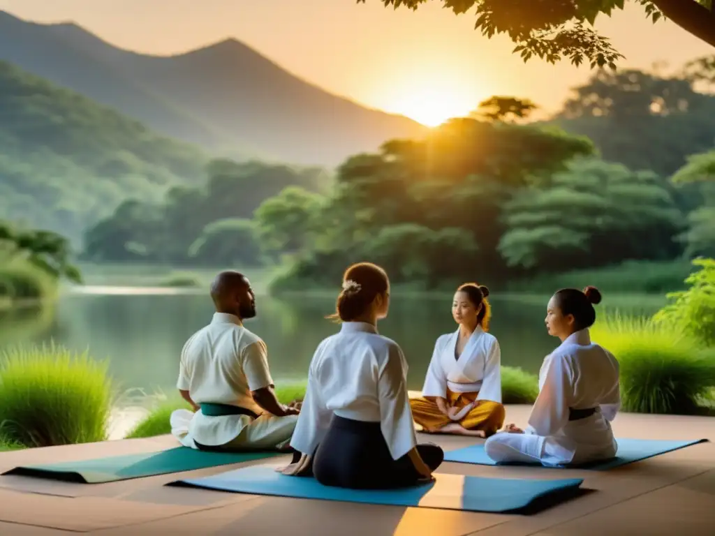 Un grupo practica yoga y judo en un entorno sereno al aire libre, rodeado de vegetación exuberante y un lago tranquilo al atardecer