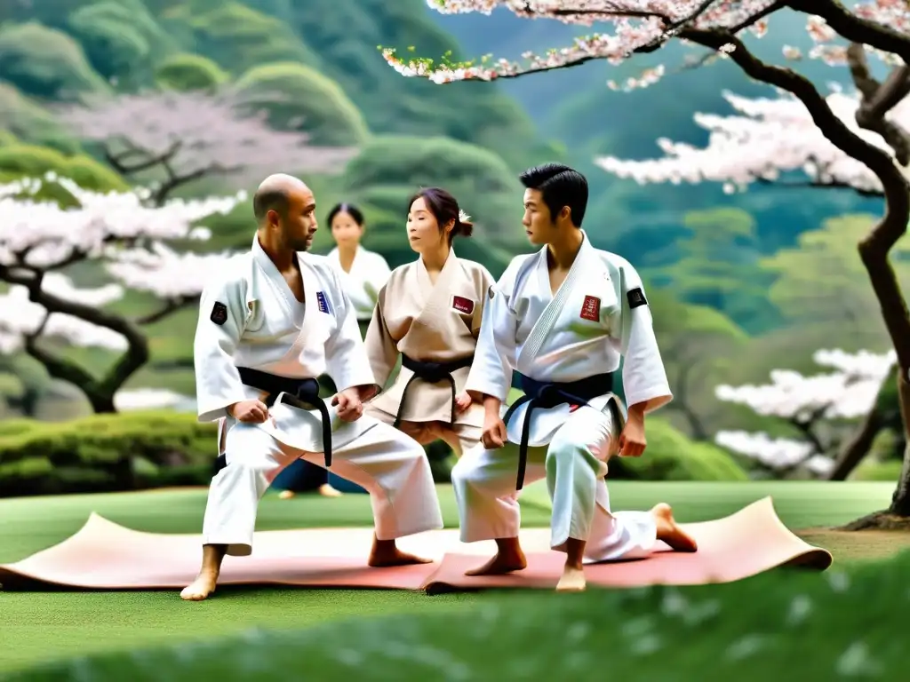 Un grupo de judocas practicando en un paisaje montañoso en Tokio, exudando determinación y respeto en retiros de judo en Tokio