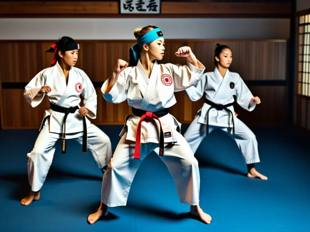 Un grupo de karatecas practicando técnicas en un dojo con merchandising oficial de karate, reflejando determinación y espíritu