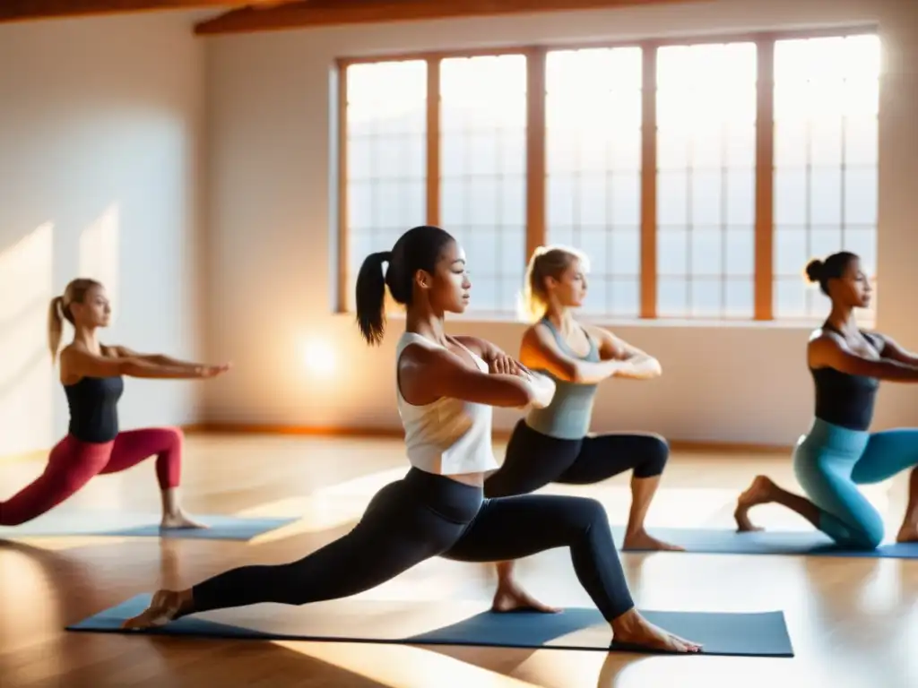 Grupo de karatekas realizando ejercicios de yoga y pilates en un estudio sereno, combinando fuerza y flexibilidad