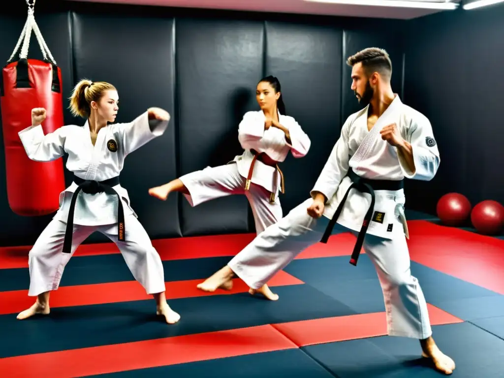 Grupo de karatekas realizando entrenamiento funcional en un gimnasio, demostrando determinación y energía vibrante