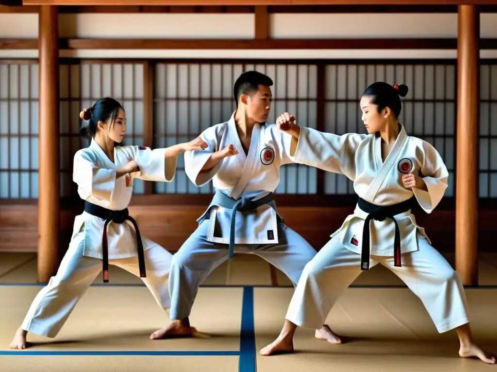 Un grupo de karatekas en perfecta sincronía ejecutando una kata en un dojo japonés, transmitiendo determinación y precisión