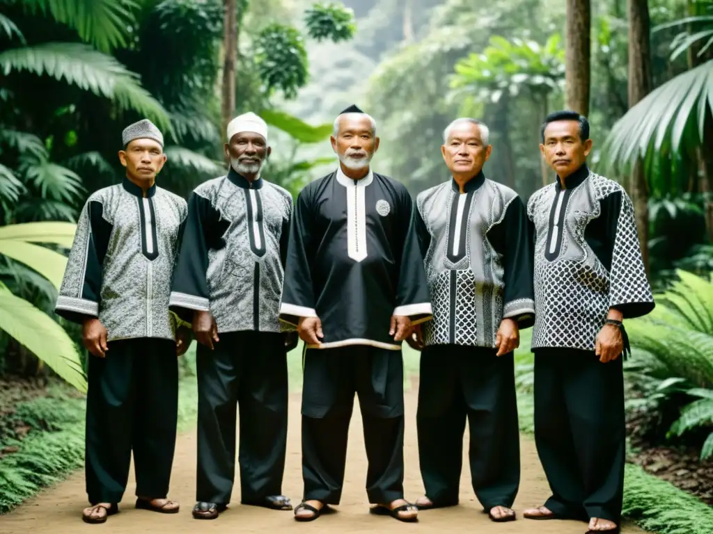 Un grupo de legendarios maestros de Silat en trajes tradicionales en un exuberante bosque tropical, evocando la historia del Silat en Indonesia