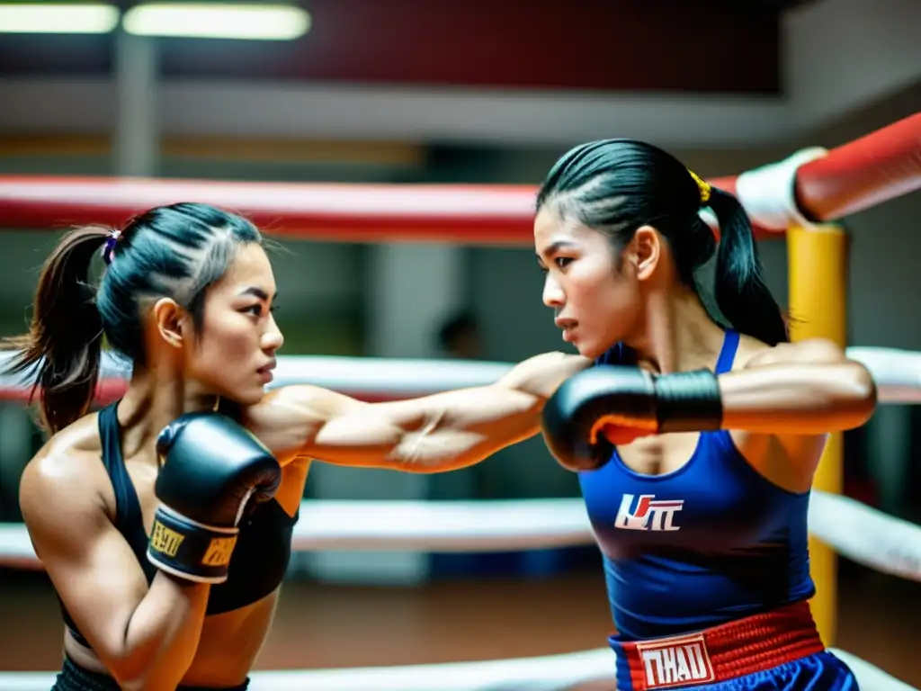 Grupo de luchadoras de Muay Thai entrenando juntas en un gimnasio tradicional tailandés, destacando la importancia de las mujeres en el Muay Thai