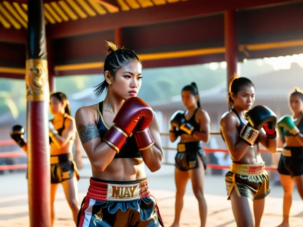 Grupo de luchadoras de Muay Thai destacadas en la historia, demostrando fuerza y determinación en un templo tailandés al atardecer