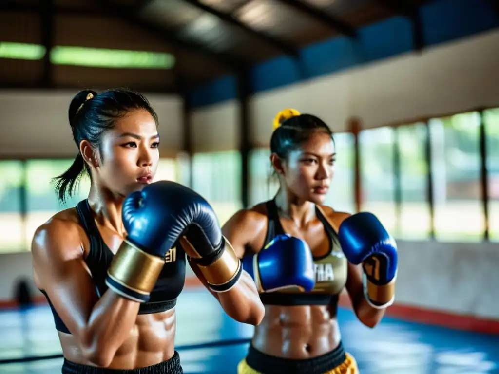 Grupo de luchadoras de Muay Thai entrenando con determinación en un gimnasio tailandés, destacando la importancia de las mujeres en el Muay Thai