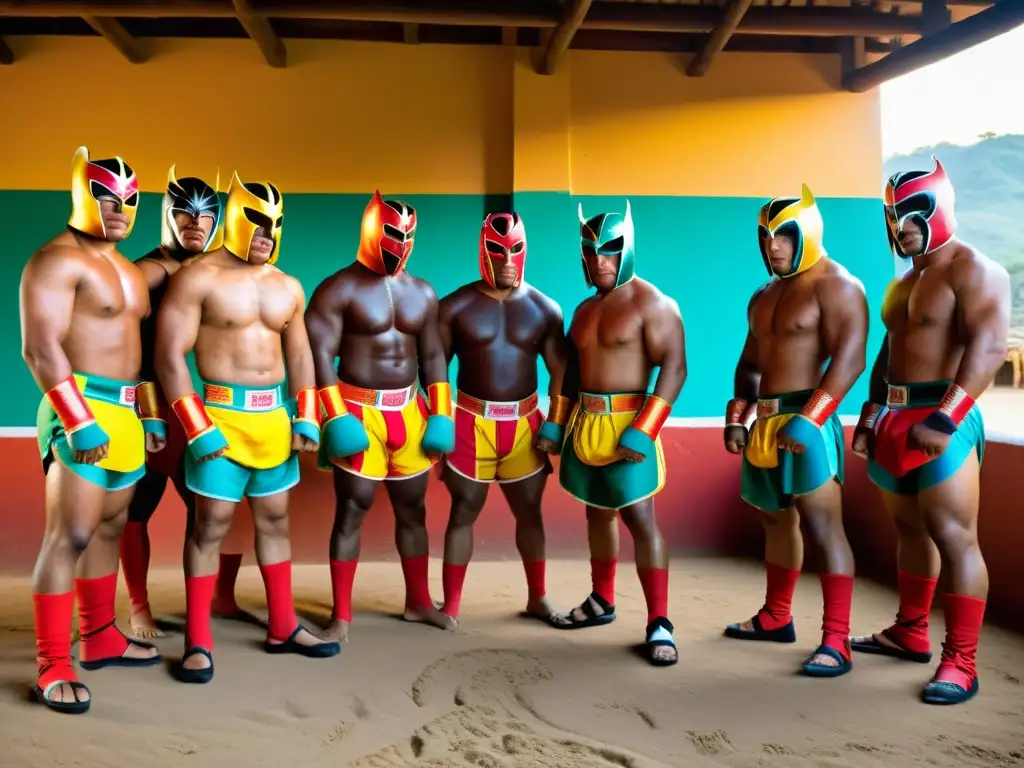 Grupo de luchadores concentrados en su entrenamiento matutino, resplandeciendo en atuendos tradicionales