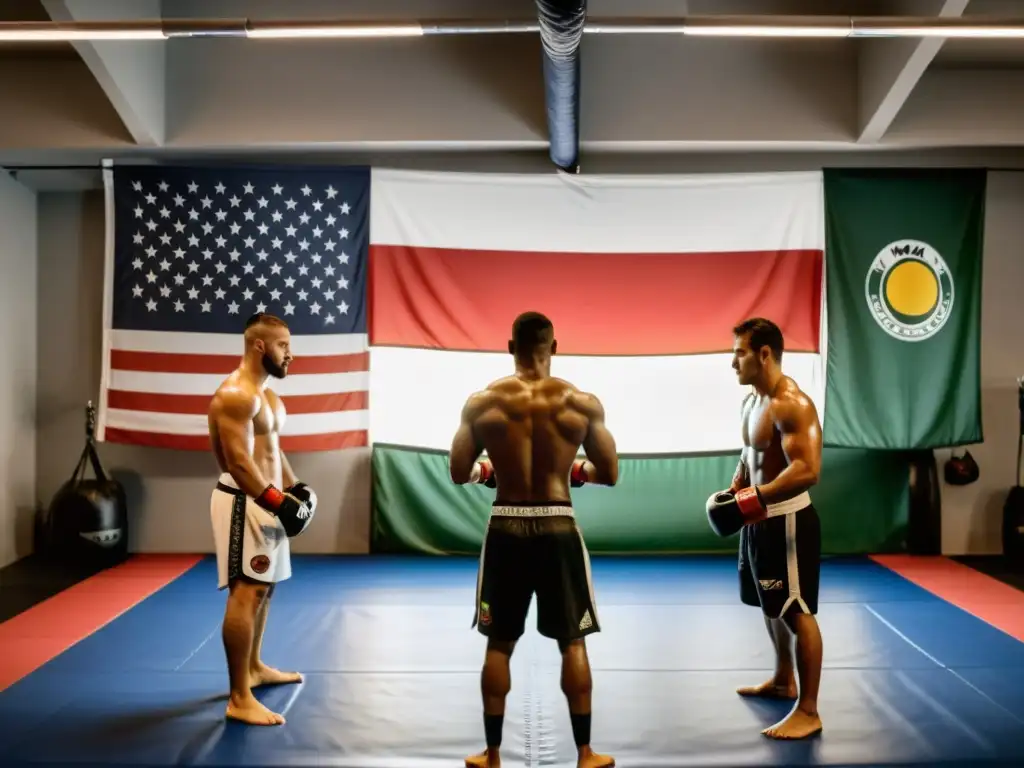 Un grupo de luchadores de MMA internacionales entrena juntos en un gimnasio de vanguardia, mostrando determinación y camaradería