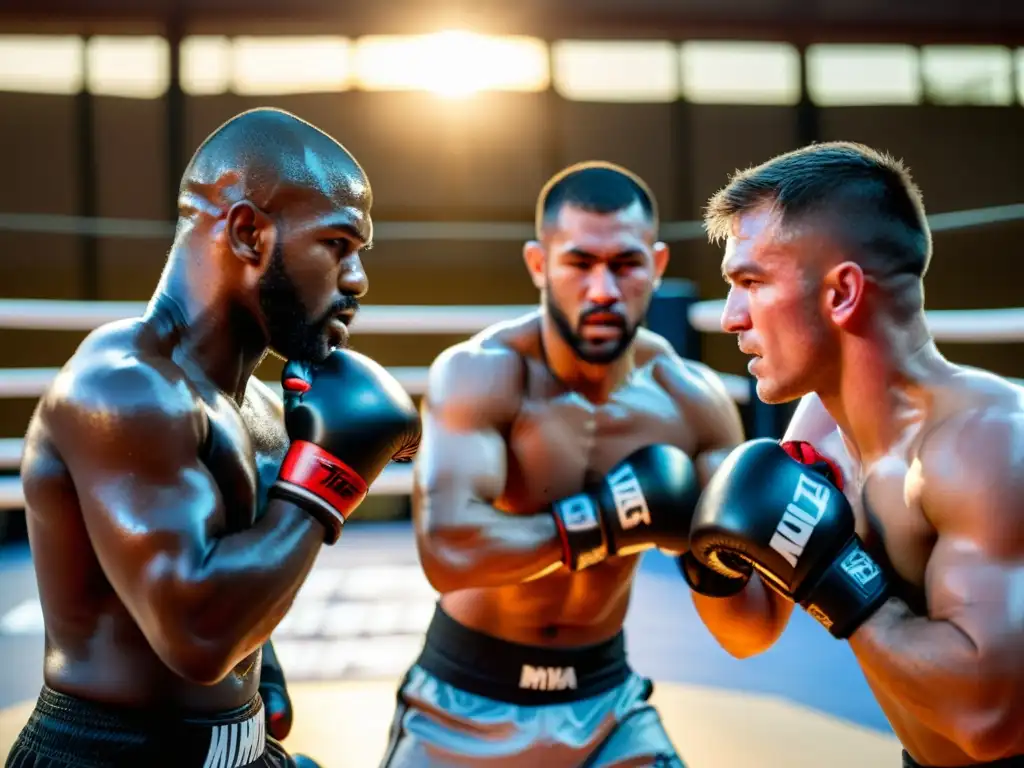 Grupo de luchadores internacionales de MMA entrenando al amanecer en un campamento, mostrando determinación y profesionalismo