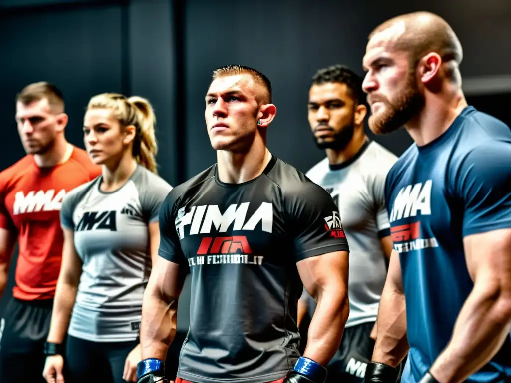 Un grupo de luchadores de MMA en camisetas oficiales más vendidas, entrenando en un gimnasio urbano, mostrando intensidad y dedicación