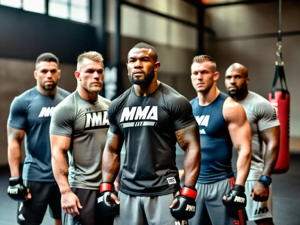 Un grupo de luchadores de MMA con camisetas oficiales más vendidas, listos para el entrenamiento en un gimnasio urbano