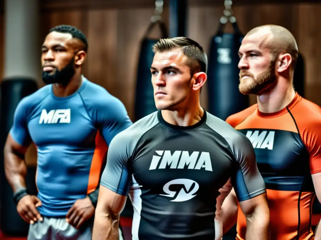 Un grupo de luchadores de MMA con determinación y enfoque, usando rashguards de las mejores marcas para MMA, entrenan en un gimnasio profesional