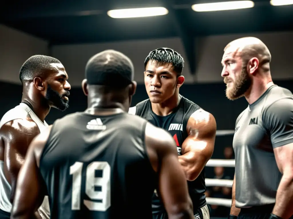 Grupo de luchadores de MMA y entrenadores en un gimnasio, mostrando intensidad y determinación