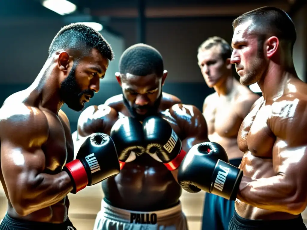 Grupo de luchadores de MMA envueltos en cinta en un gimnasio oscuro, preparándose para el entrenamiento