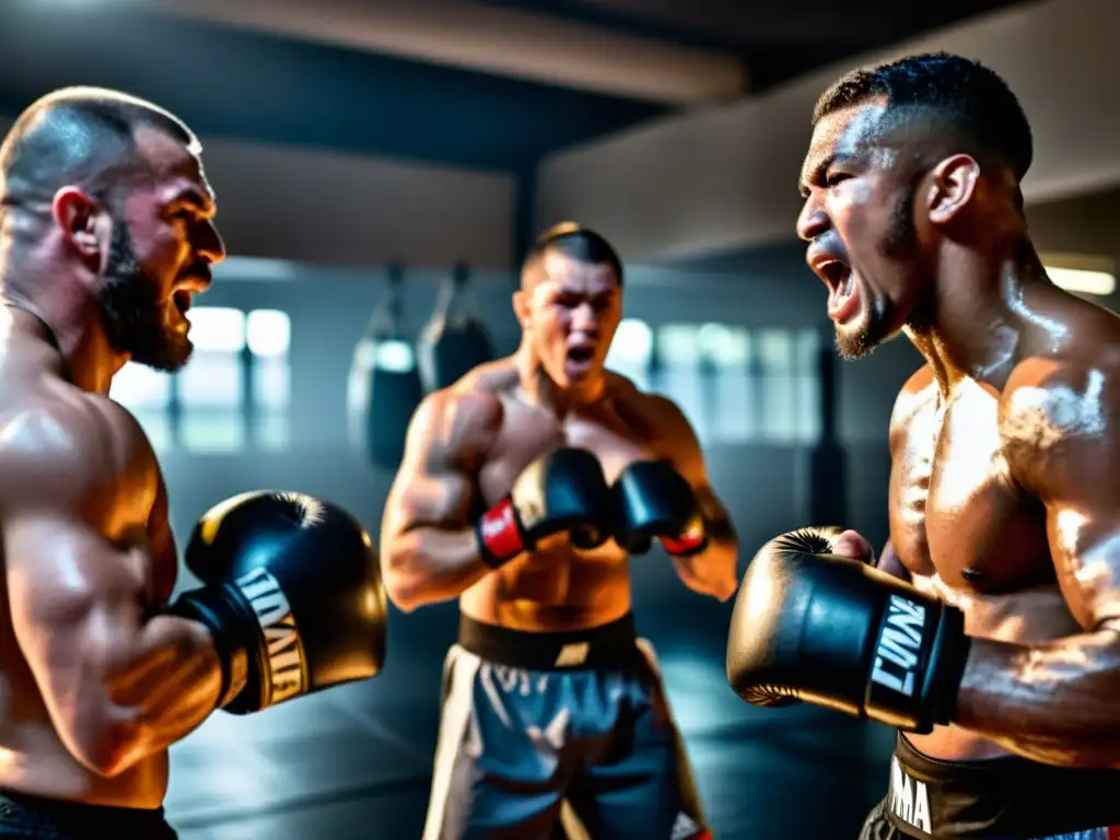 Un grupo de luchadores de MMA entrenando intensamente en un gimnasio, con el entrenador dando instrucciones al fondo