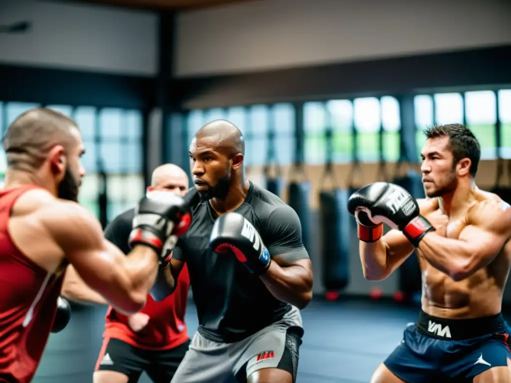 Un grupo de luchadores de MMA entrenando en un gimnasio moderno, con determinación en sus ojos y sudor en la piel