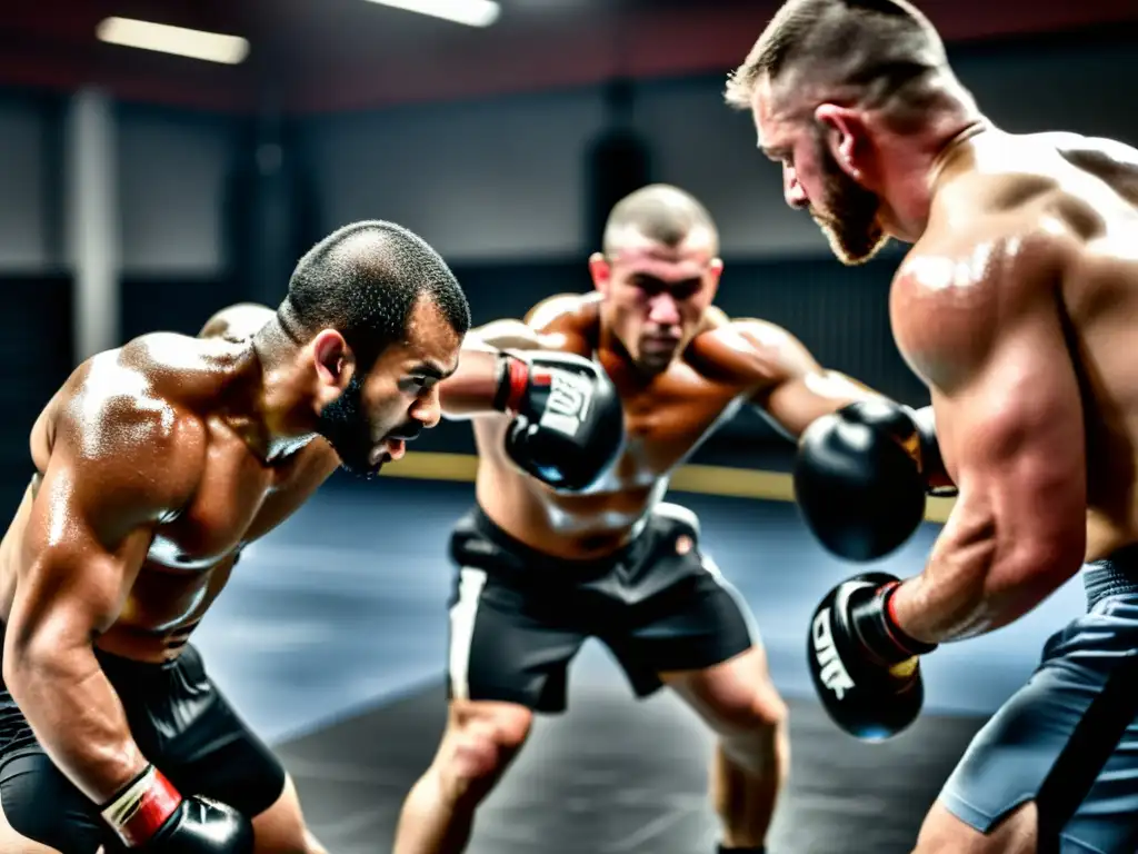 Un grupo de luchadores de MMA se entrena con intensidad en un gimnasio, mostrando determinación y fuerza