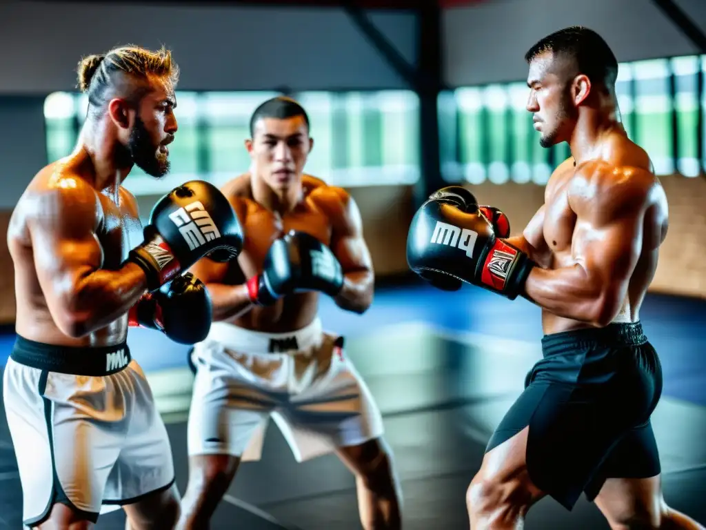 Un grupo de luchadores de MMA se entrena con intensidad en un gimnasio profesional, mostrando determinación y sudor en su piel